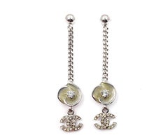 Chanel Ivory Enamel Camellia CC Crystal Chain Dangle Piercing Earrings