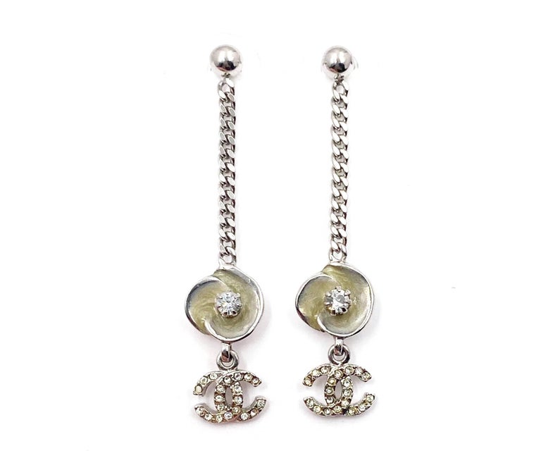 Chanel Ivory Enamel Camellia CC Crystal Chain Dangle Piercing Earrings For  Sale at 1stDibs