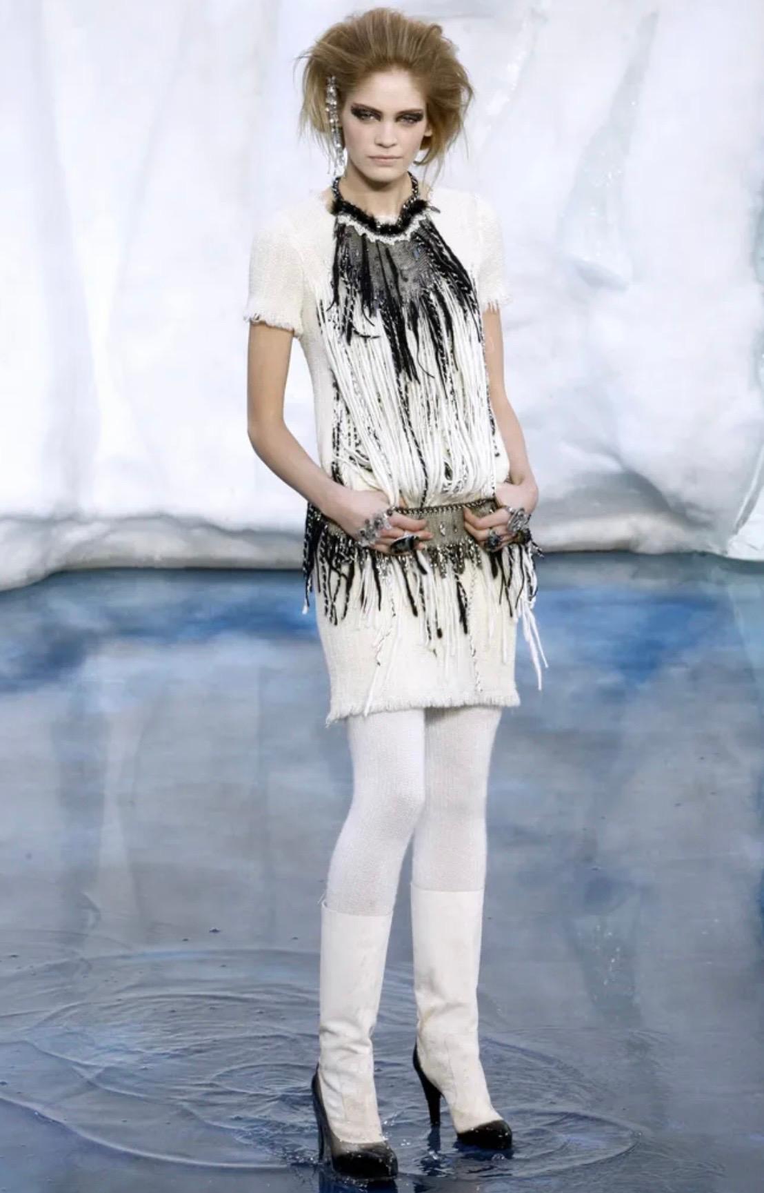 CHANEL Ivory Fantasy Frayed Tweed Dress with Pearl Trimmings and Fringe Details 7