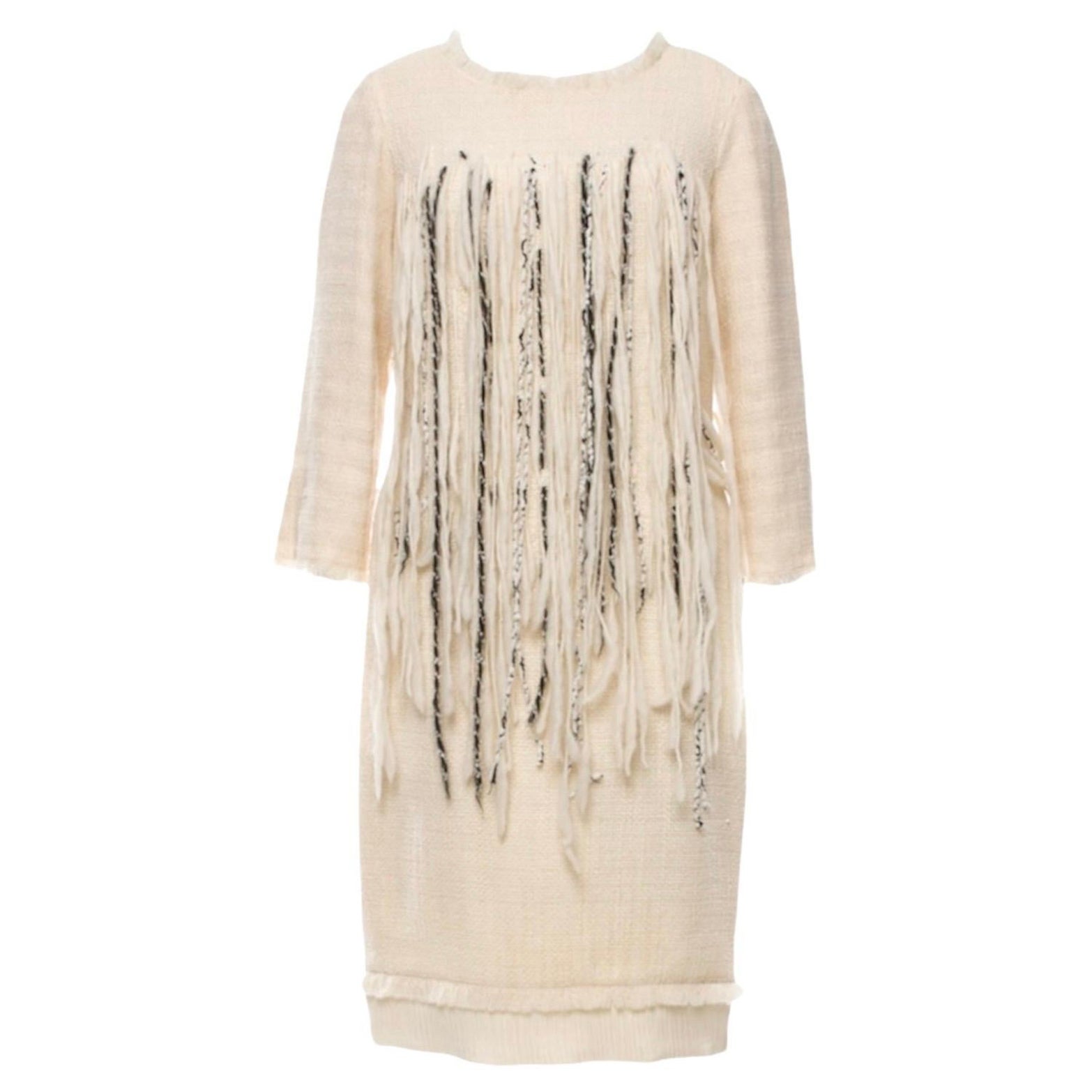 CHANEL Ivory Fantasy Frayed Tweed Dress with Pearl Trimmings and Fringe Details