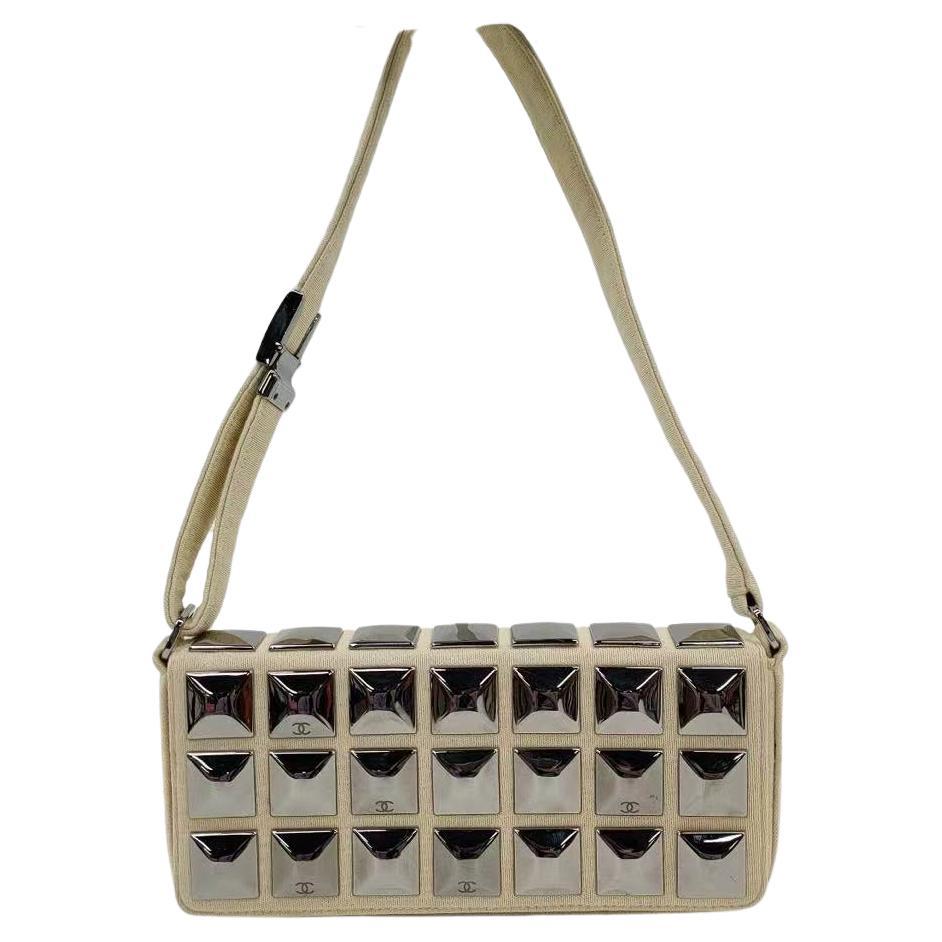 Chanel Ivory Jersey Evening Bag with Mirrored Pyramid Studs Ice Cube