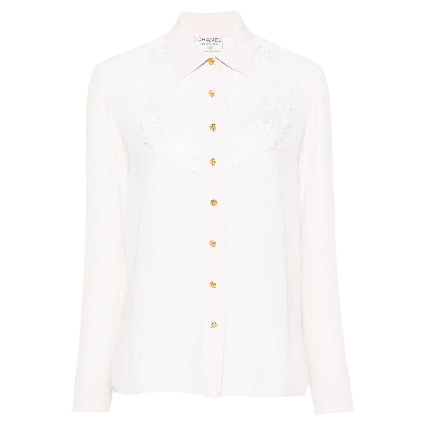 Chanel Ivory Lace-Detail Silk Shirt For Sale
