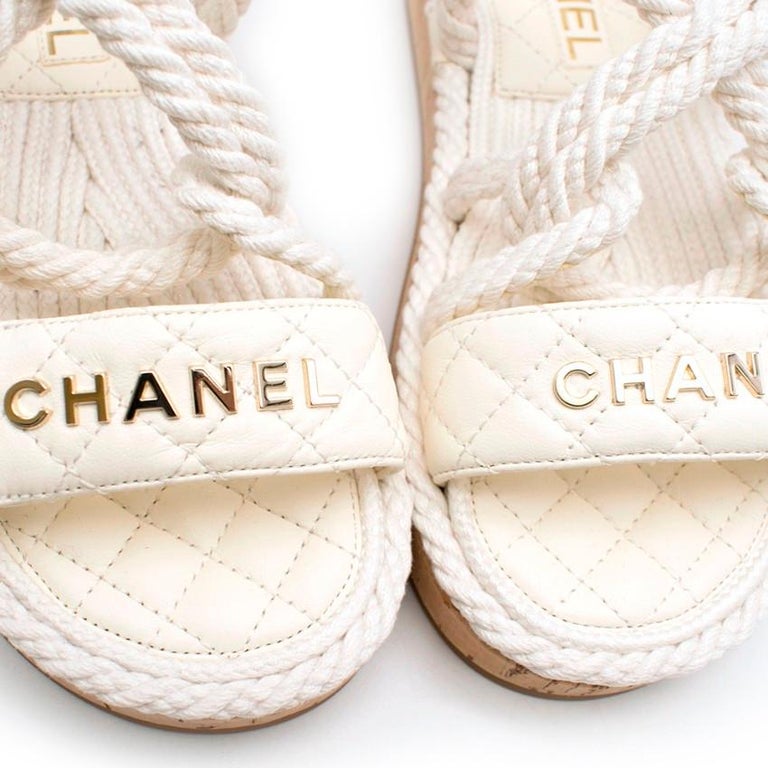 CHANEL 26S STRAPPY SANDALS IN WHITE VELVET WITH ROPE SOLE GOLD HARDWARE