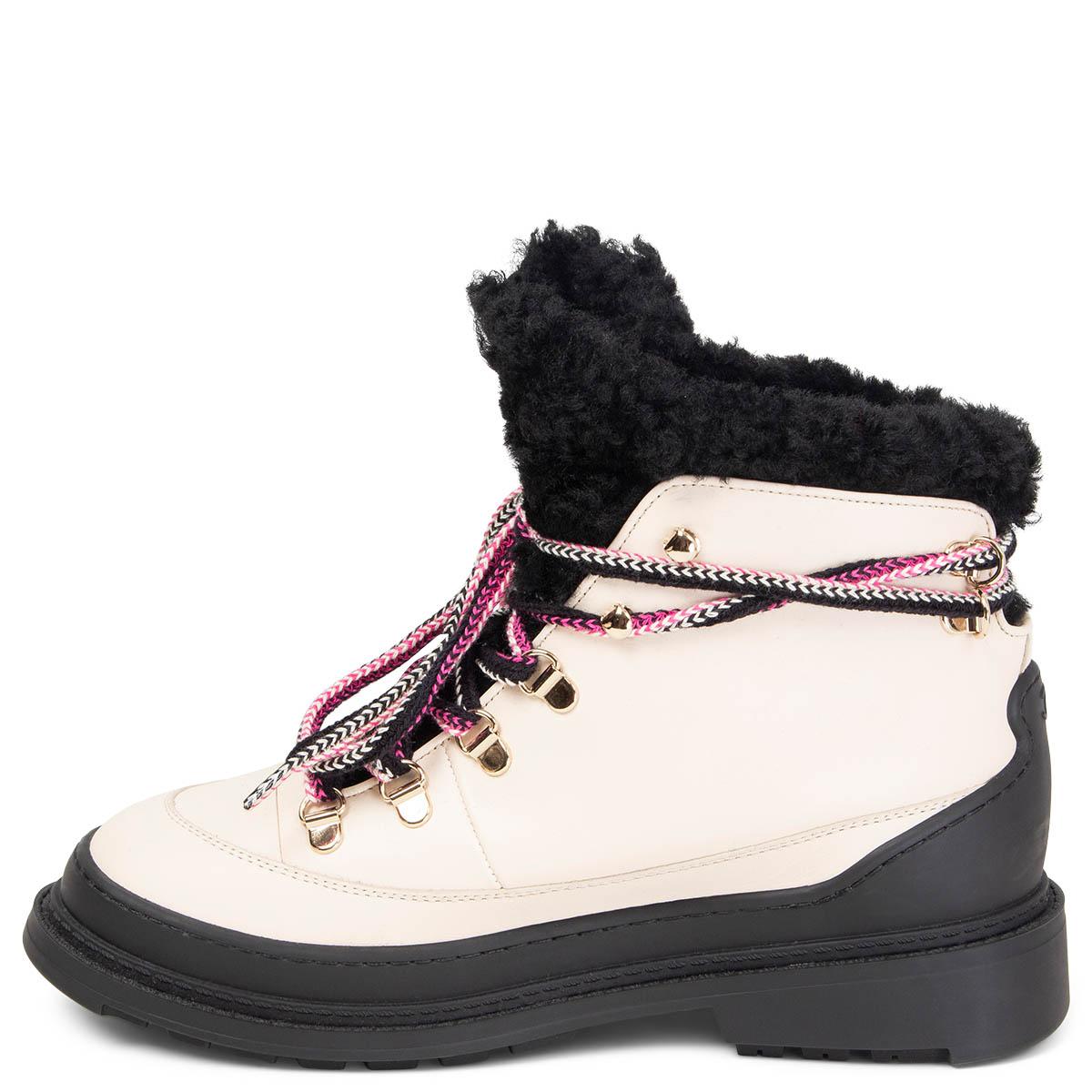 Black CHANEL ivory leather 2020 SHEARLING LINED LACE UP Boots Shoes 37.5 20A For Sale