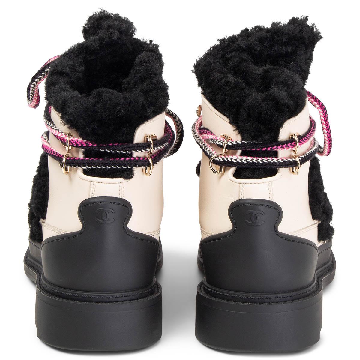 CHANEL ivory leather 2020 SHEARLING LINED LACE UP Boots Shoes 37.5