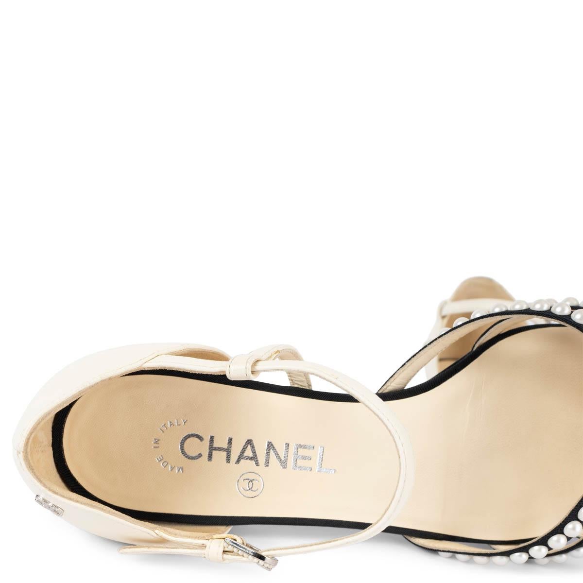 CHANEL ivory leather & black 2016 16A ROME PEARL Ankle Strap Flats Shoes 38.5 4
