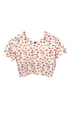 Chanel Ivory lips, hearts and interlocking CC logos throughout print cropped top