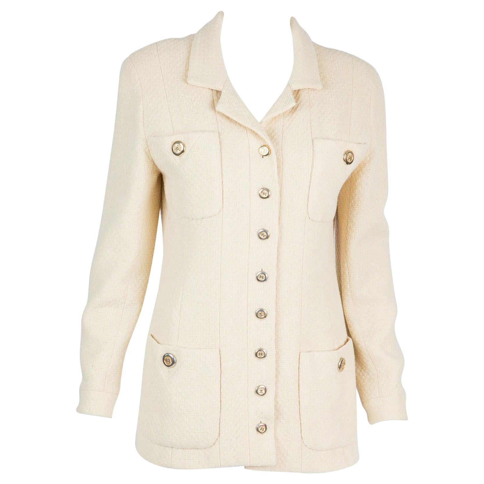 Chanel Ivory Long Boucle Wool Tweed Jacket