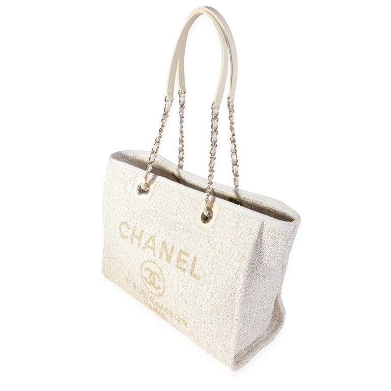 Chanel Ivory Metallic Tweed Small Deauville Shopping Tote For Sale