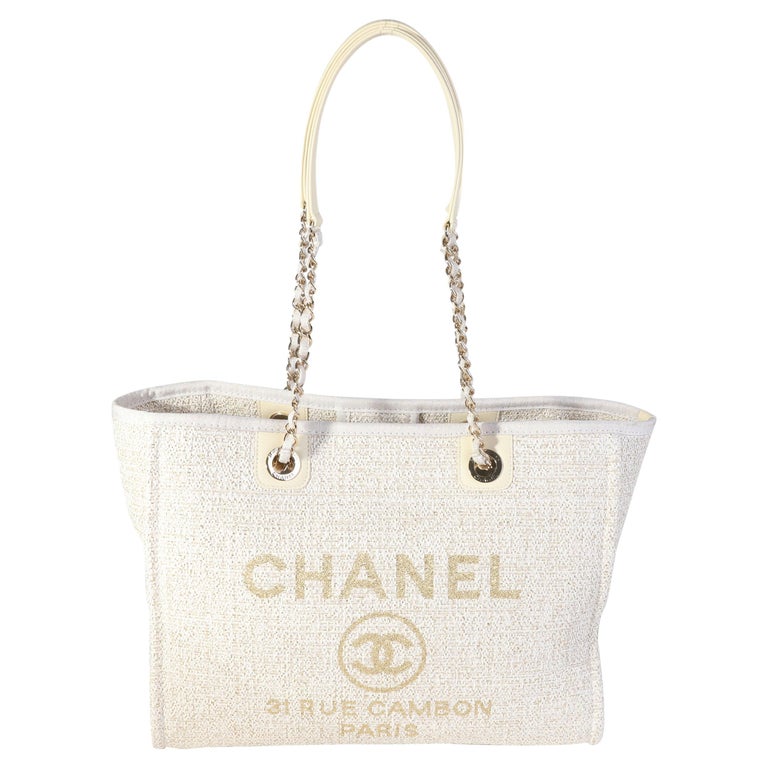 Chanel Ivory Metallic Tweed Small Deauville Shopping Tote For Sale at  1stDibs