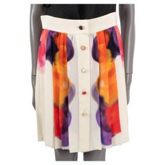CHANEL ivory & multicolor silk 2015 15P WATERCOLOR Pleated Skirt 40 M