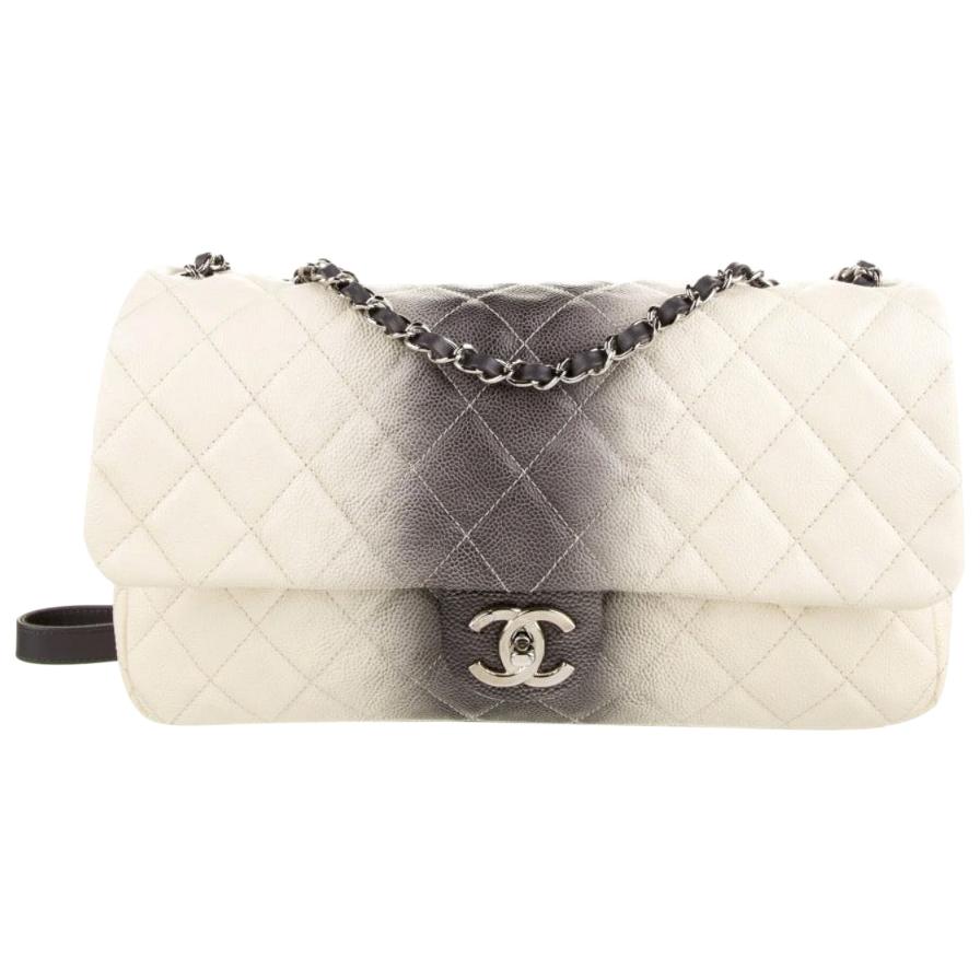 Chanel Ivory Off White Gray Leather Silver Large Evening Shoulder Flap Bag