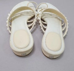 Chanel Ivory Pearl Embelished Leather Mule Sandals Flip Flops
