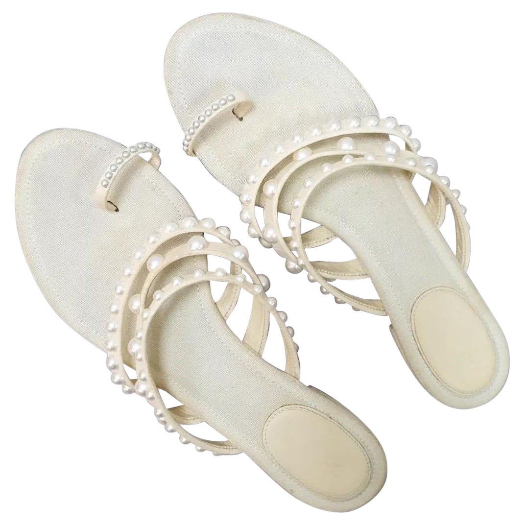 Chanel Ivory Pearl Embelished Leather Mule Sandals Flip Flops