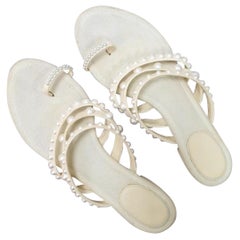 Chanel Ivory Pearl Embelished Leather Mule Sandals Flip Flops