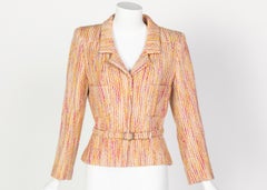 Chanel Ivory Pink Yellow Wool Boucle Belted Jacket 2001