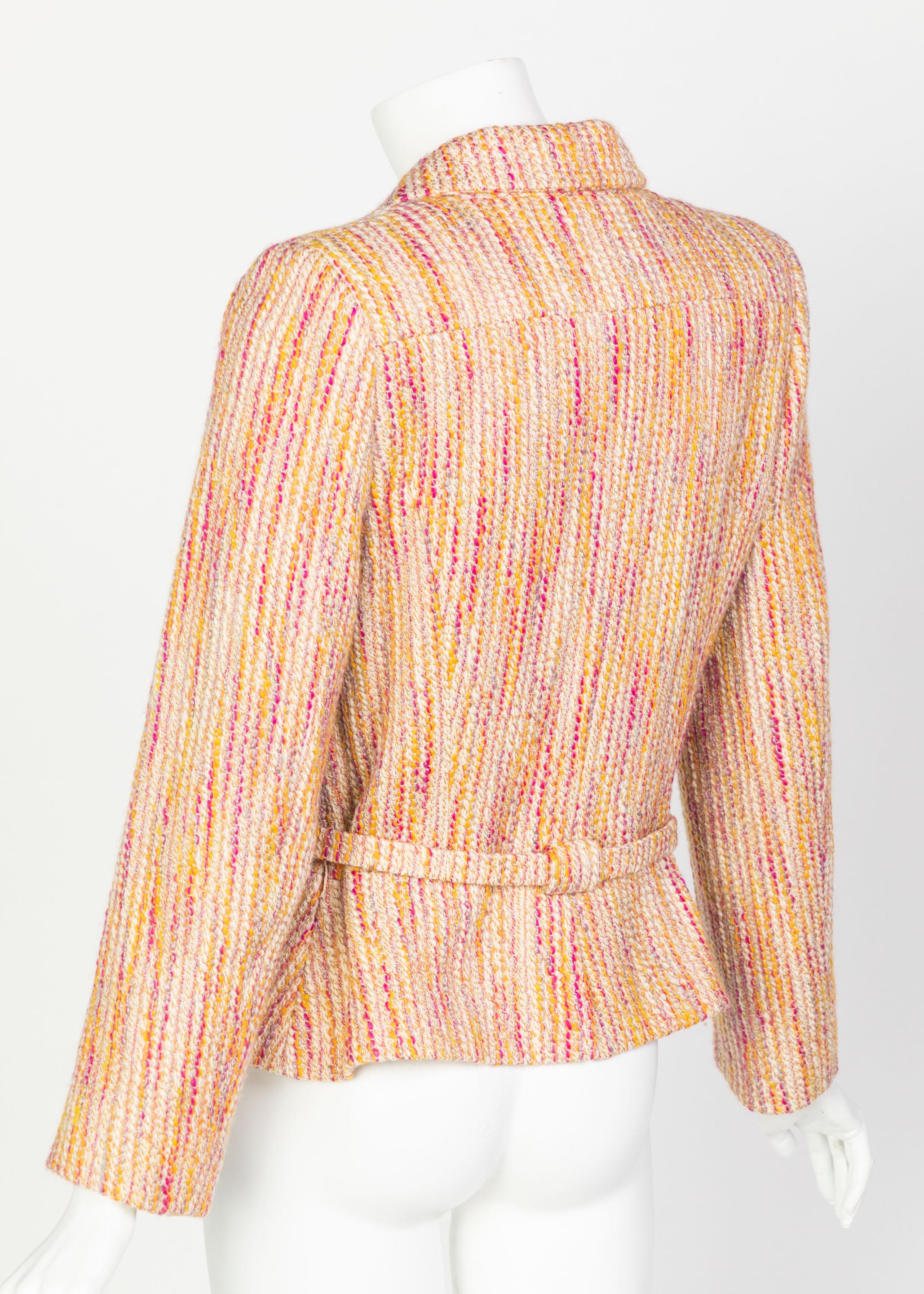 Orange Chanel Ivory Pink Yellow Wool Boucle Belted Jacket 2001