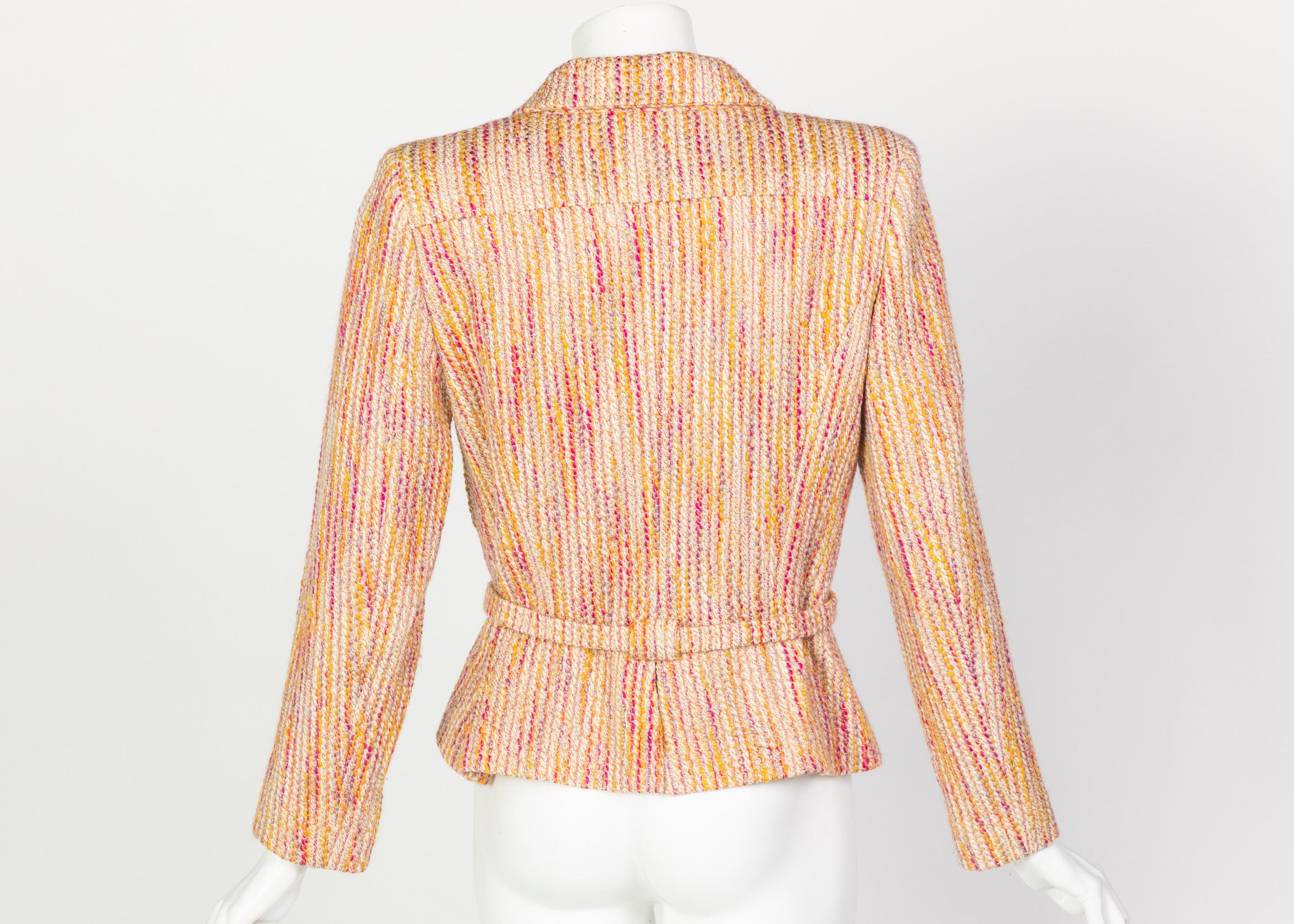 Chanel Ivory Pink Yellow Wool Boucle Belted Jacket 2001 In Excellent Condition In Boca Raton, FL