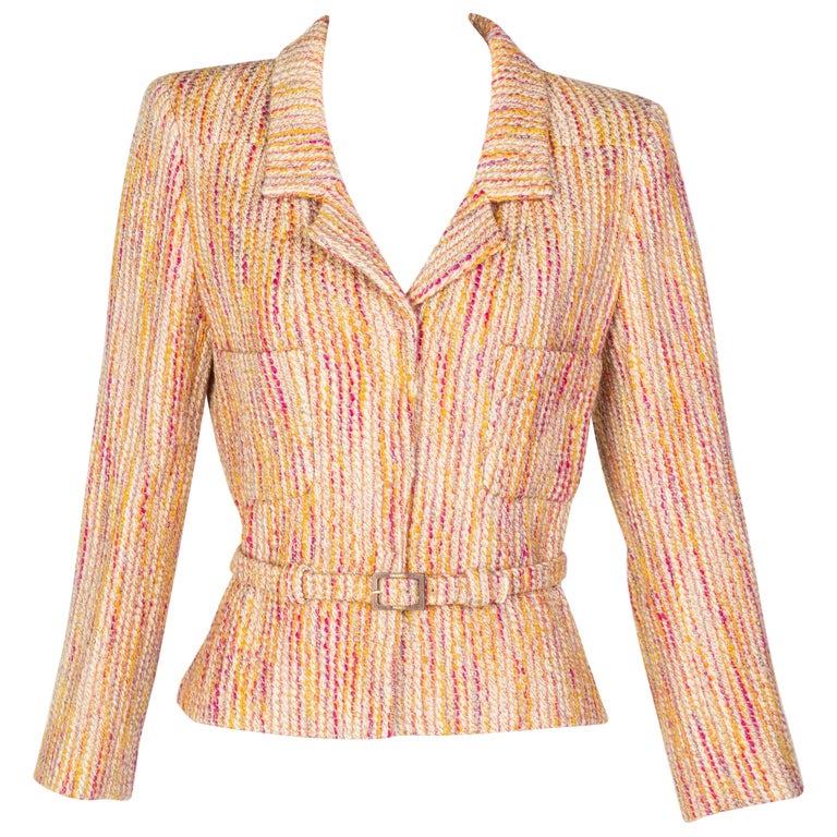 Chanel Ivory Pink Yellow Wool Boucle Belted Jacket 2001