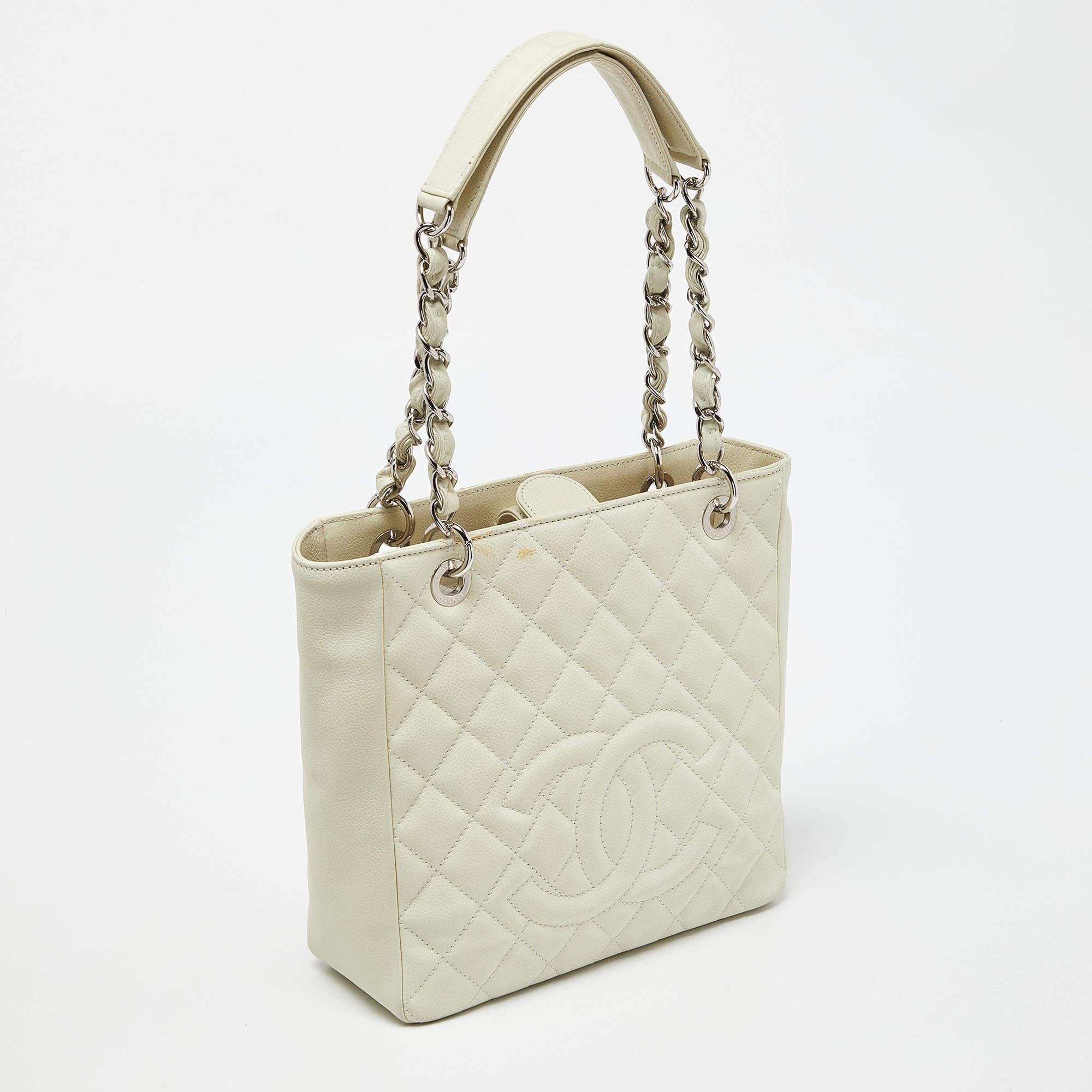 Beige Chanel Ivory Quilted Caviar Leather Petite Shopping Tote