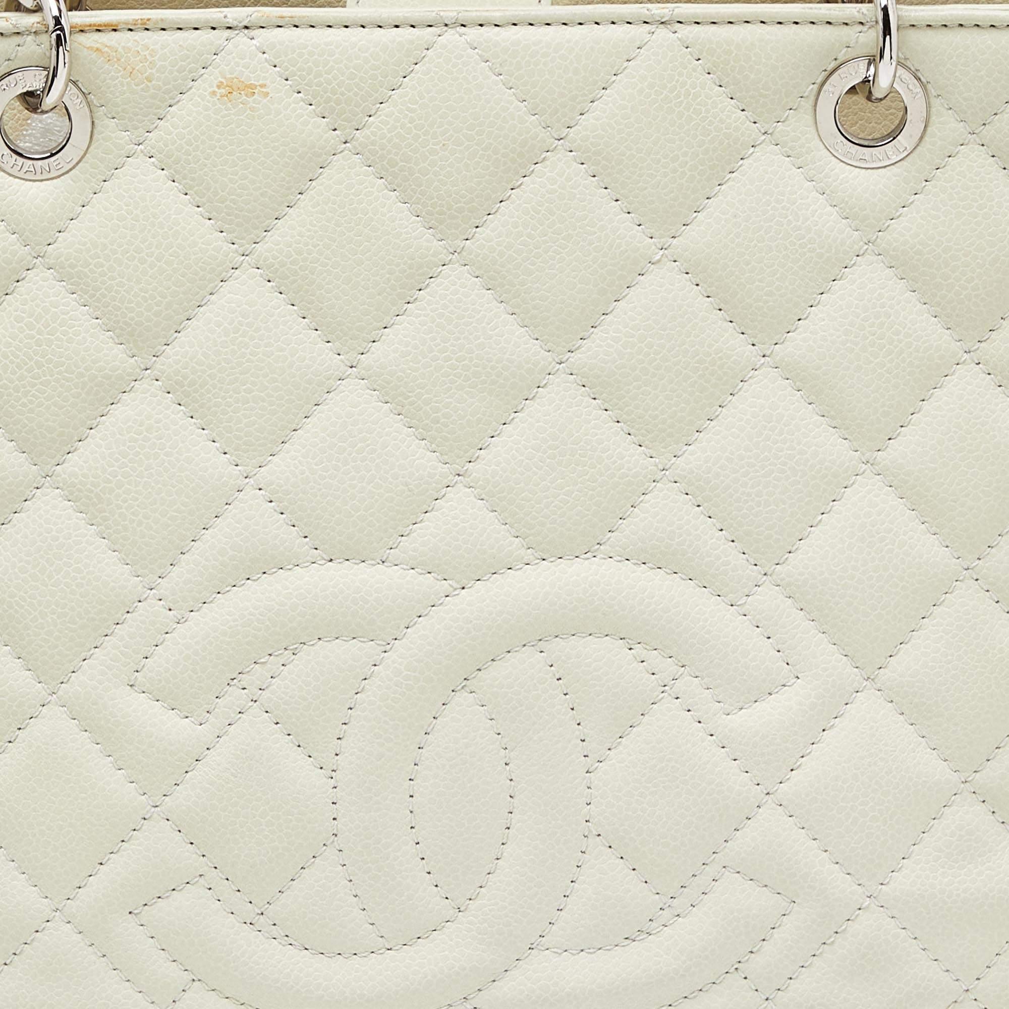 Women's Chanel Ivory Quilted Caviar Leather Petite Shopping Tote