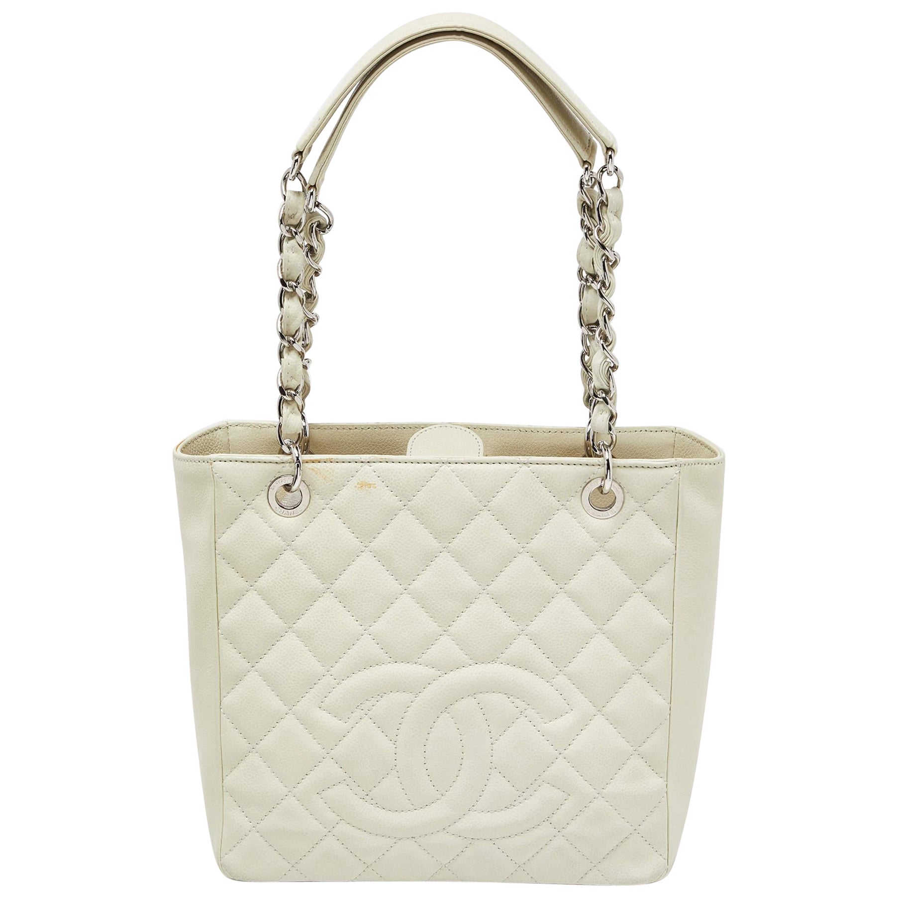 Chanel Ivory Quilted Caviar Leather Petite Shopping Tote