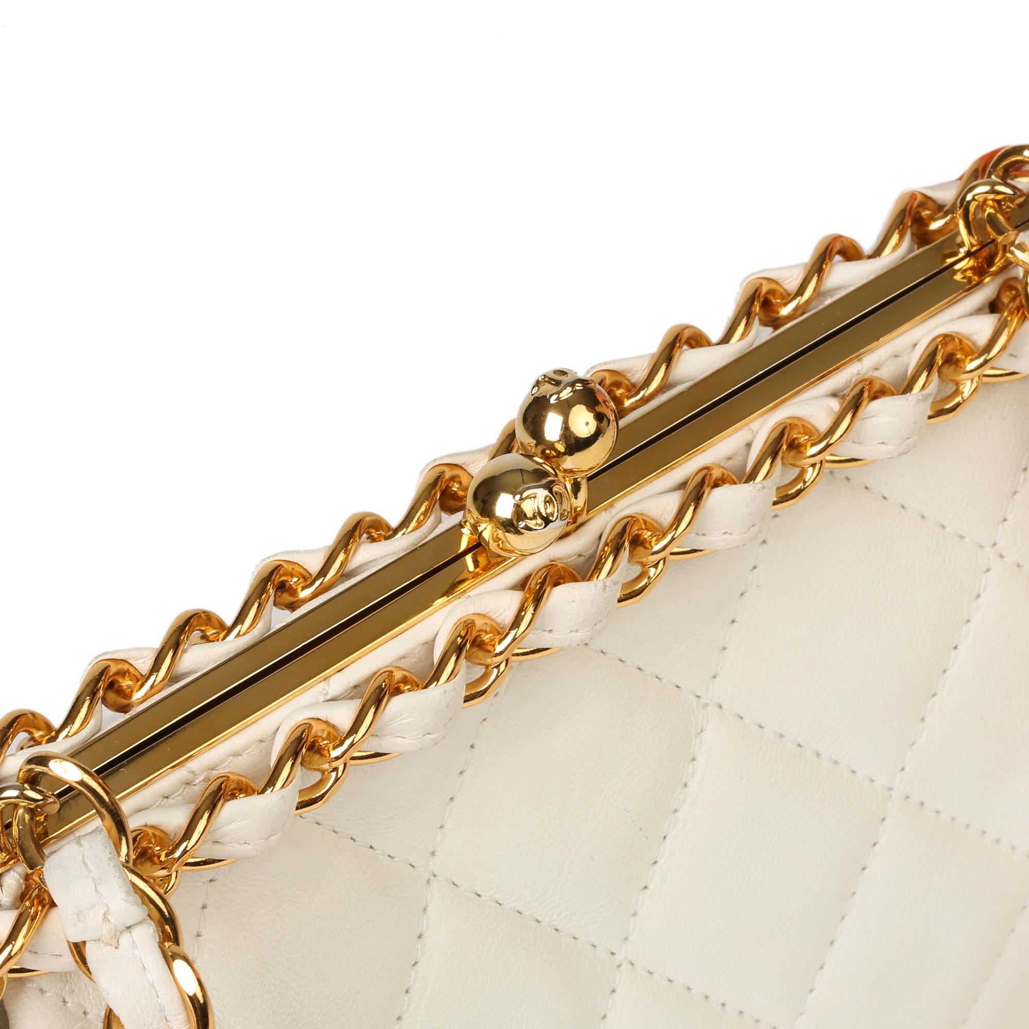 White Chanel Ivory Quilted Lambskin Vintage Chain Around Timeless Frame Bag 