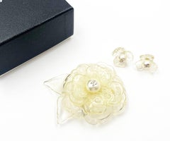 Chanel Ivory Resin Engraving Etching Camellia Flower Brooch