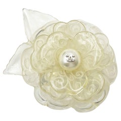 Chanel Ivory Resin Engraving Etching Camellia Flower Brooch