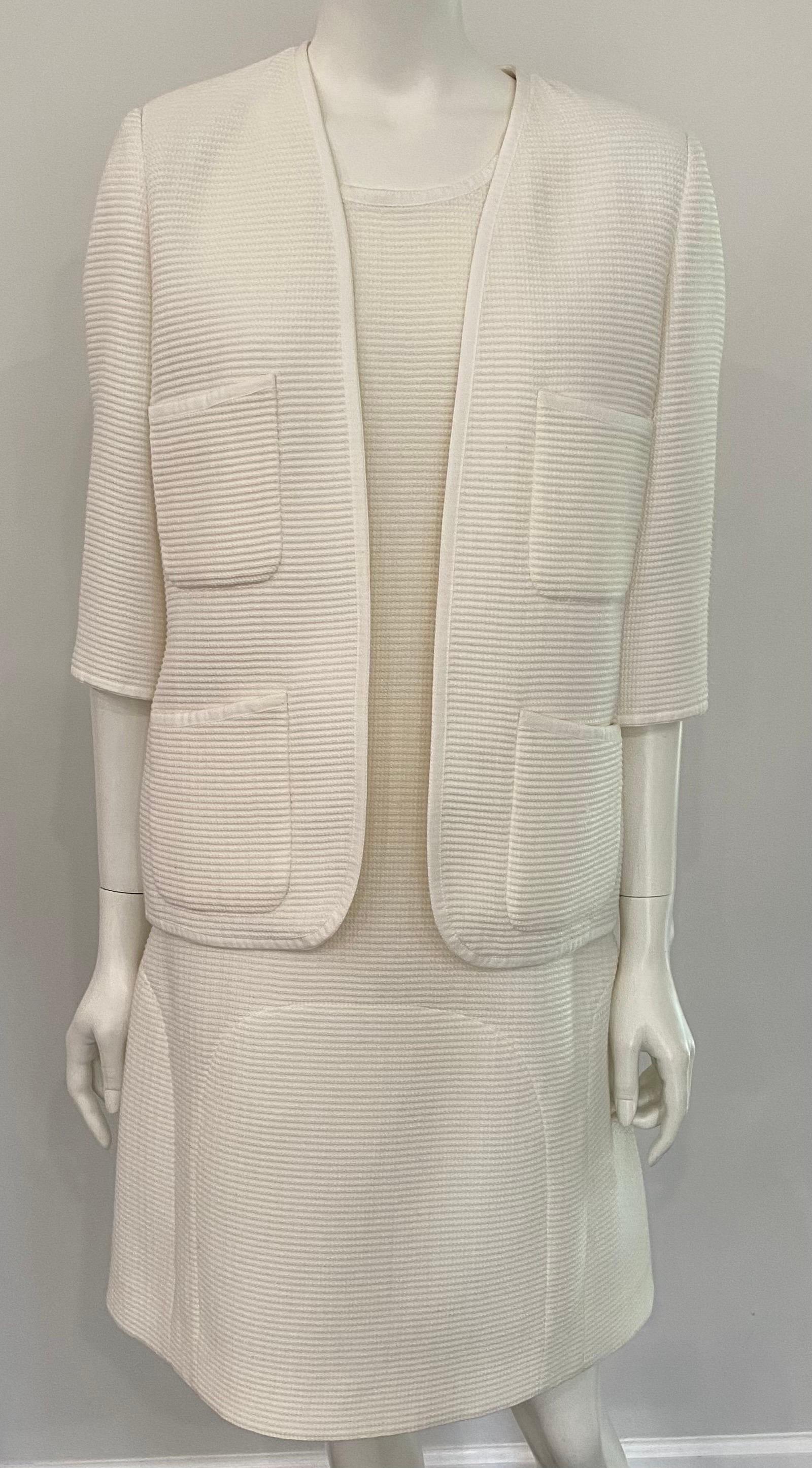 Beige Chanel Ivory Ribbed Cotton Sleeveless Shift Dress with Jacket - Sz 42 For Sale