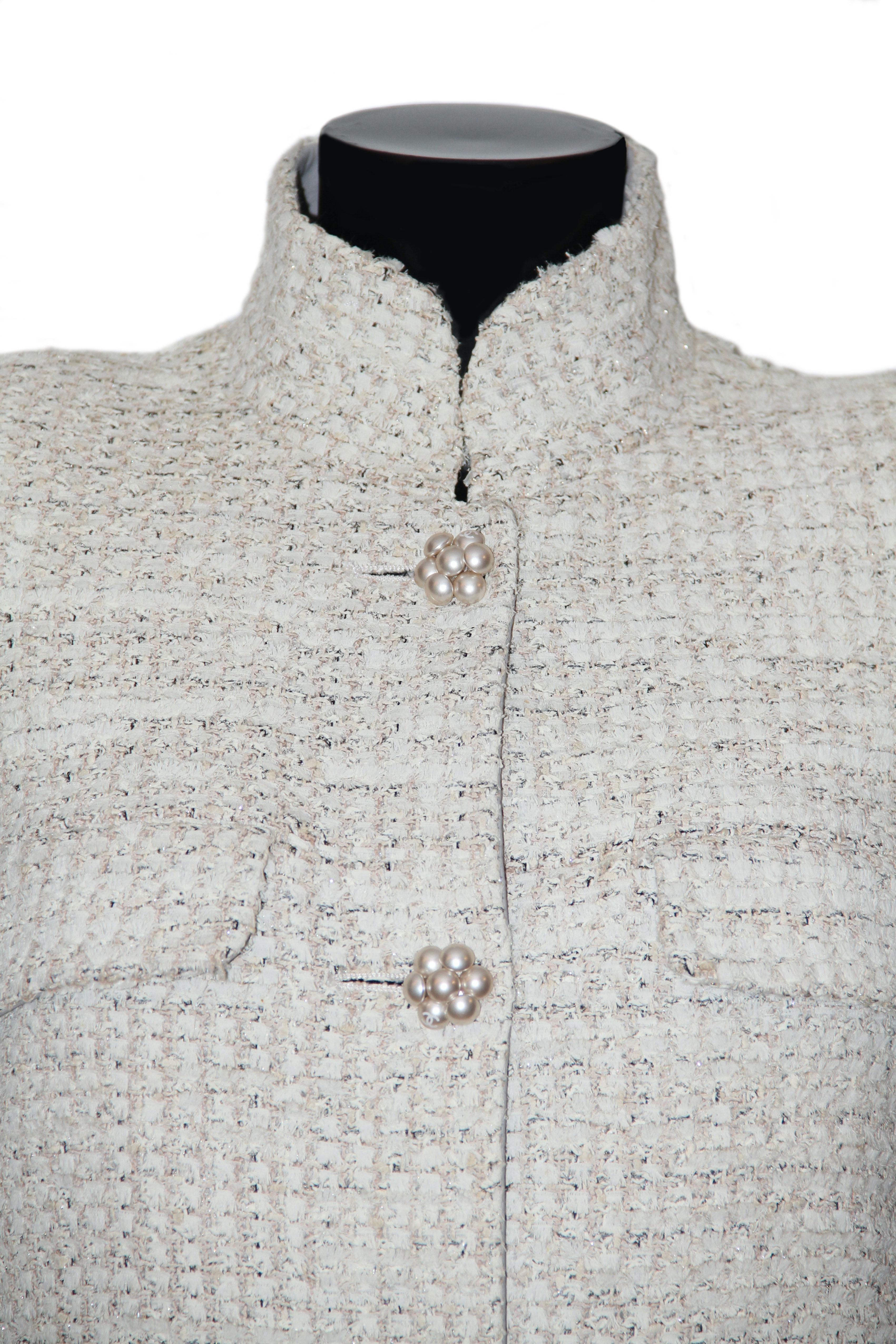 Women's Chanel Ivory Runway Spring 2014 Collection Lesage Tweed Leather Trim Dress