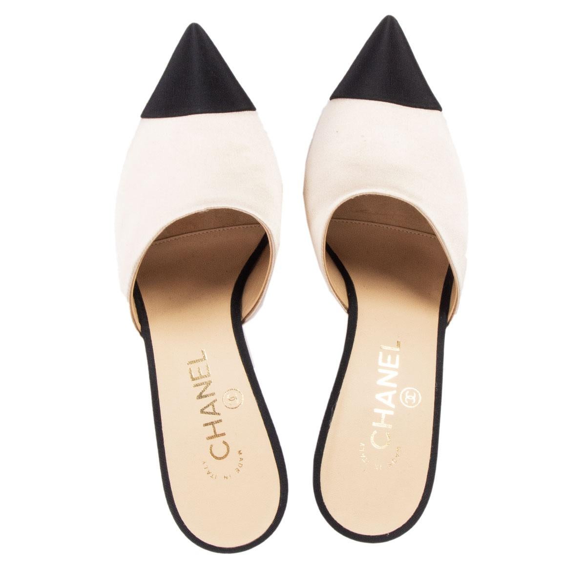 CHANEL marfil SATIN PEARL HEEL Mules Zapatos 38.5 1