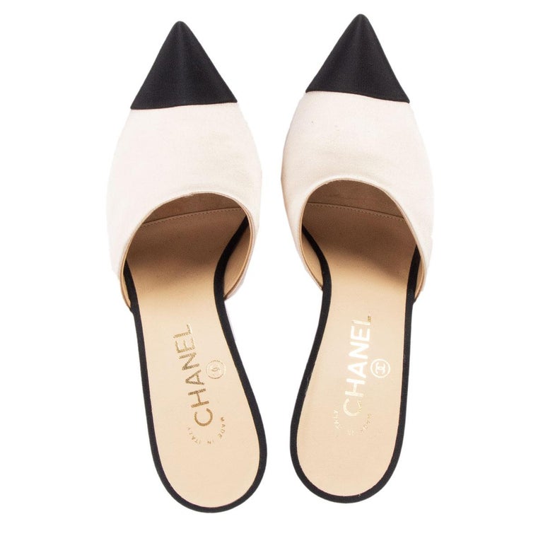 CHANEL ivory SATIN PEARL HEEL Mules Shoes 38.5 at 1stDibs