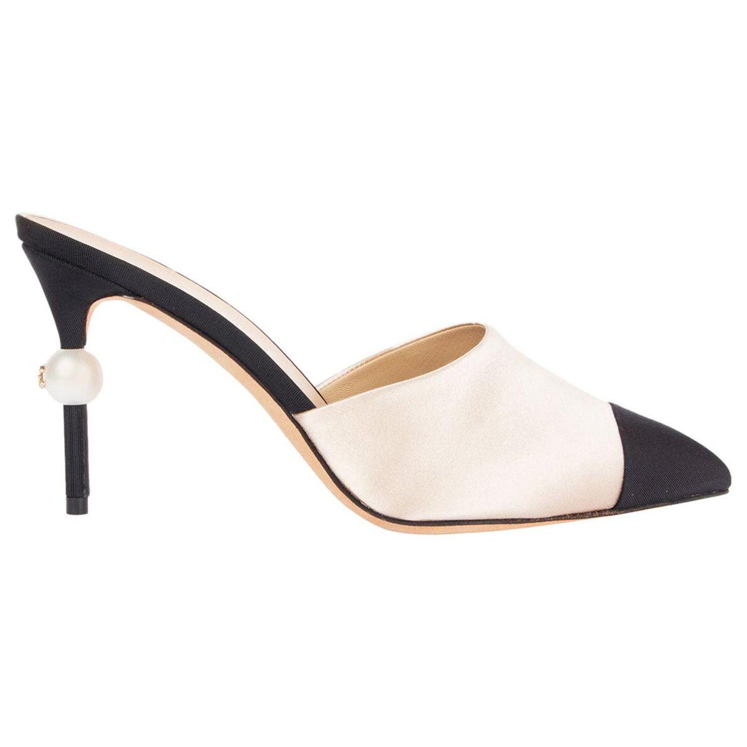 CHANEL ivory SATIN PEARL HEEL Mules Shoes  at 1stDibs