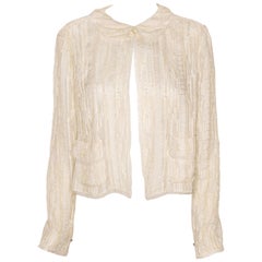 Chanel Ivory Sheer Embroidered Jacket With Frayed Trim and Single Button Closure Chanel Ivory Sheer Embroidered Jacket With Frayed Trim and Single Button Closure
