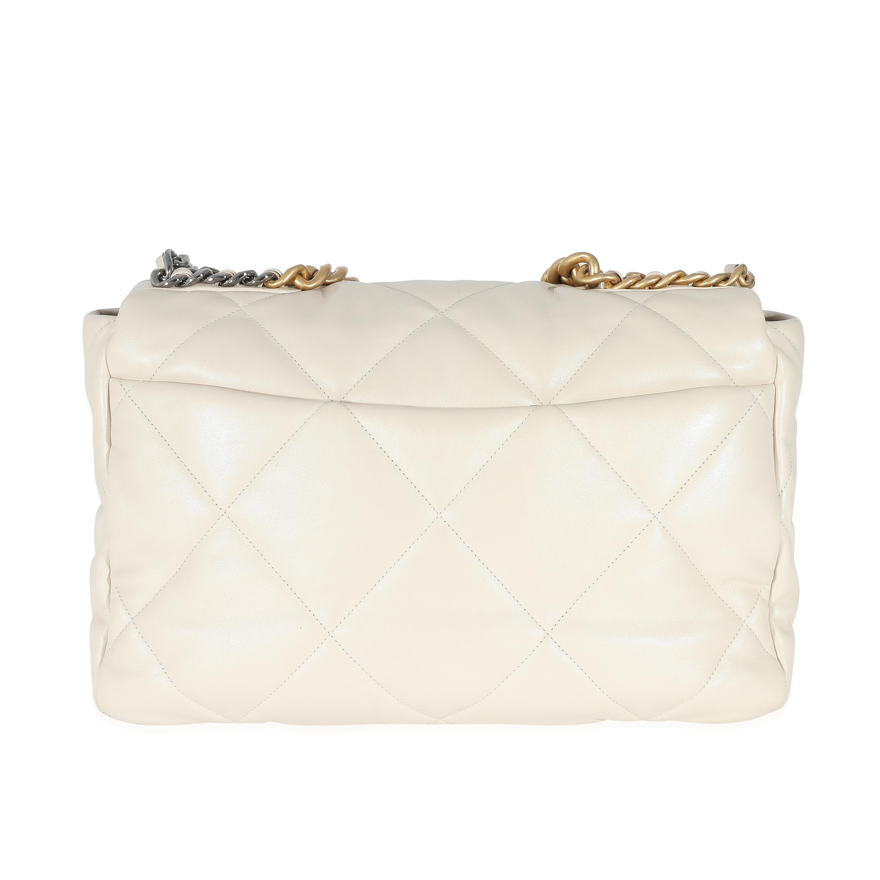 Beige Chanel Ivory Shiny Quilted Lambskin Maxi Chanel 19 Flap Bag For Sale