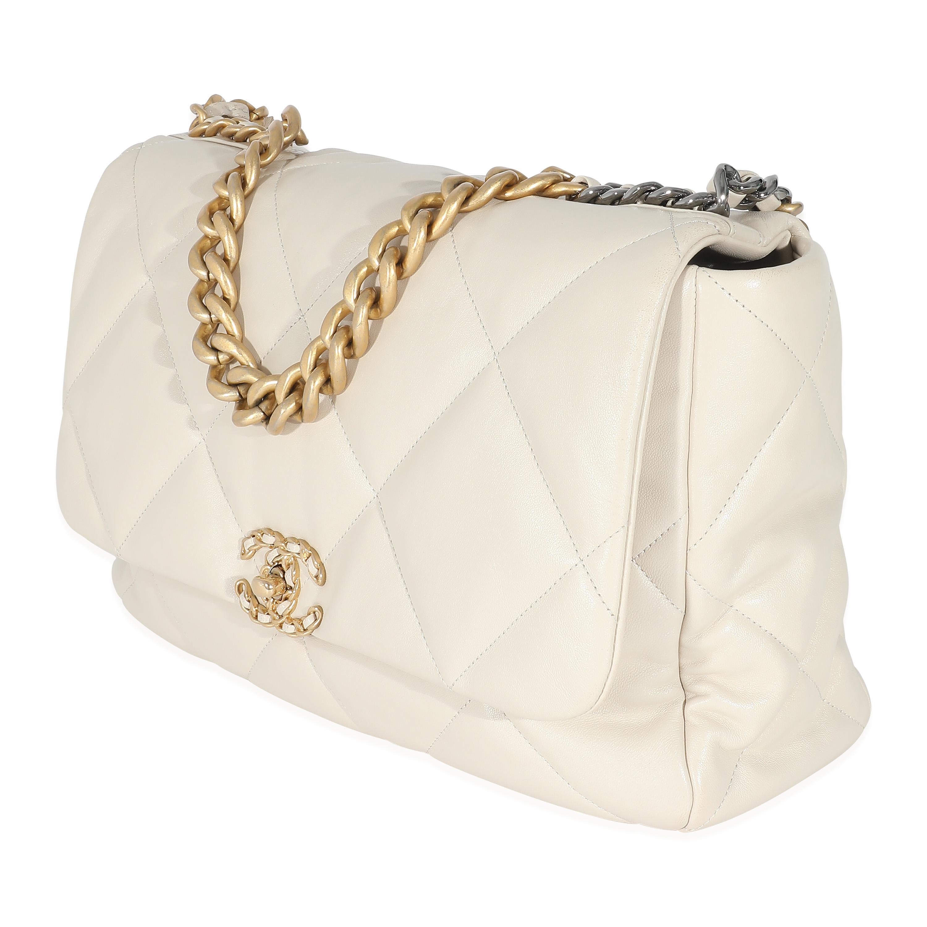 Chanel Ivory Shiny Quilted Lambskin Maxi Chanel 19 Flap Bag In Excellent Condition For Sale In New York, NY