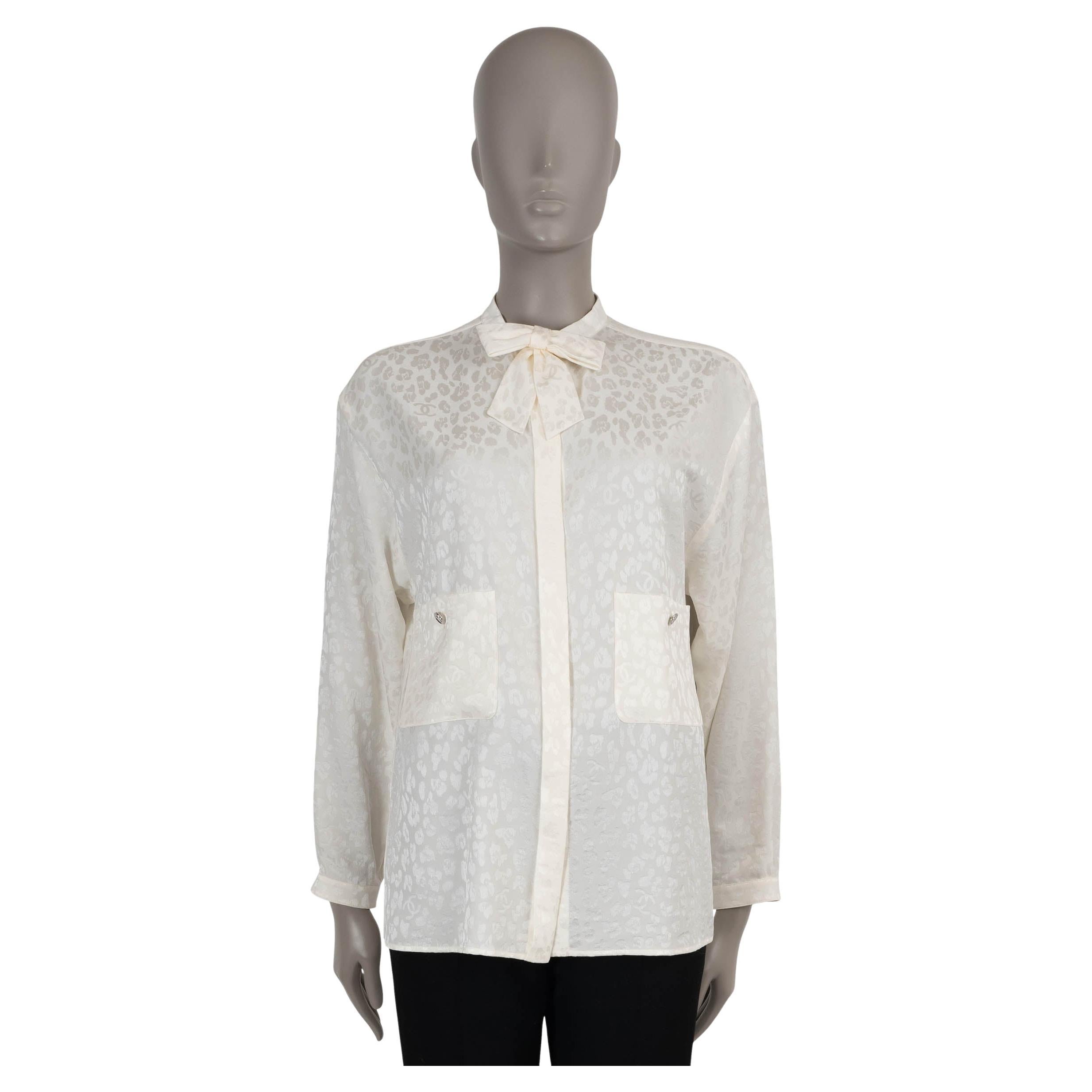 CHANEL ivory silk 23A DAKAR LEOPARD JACQUARD BOW Shirt 40 M