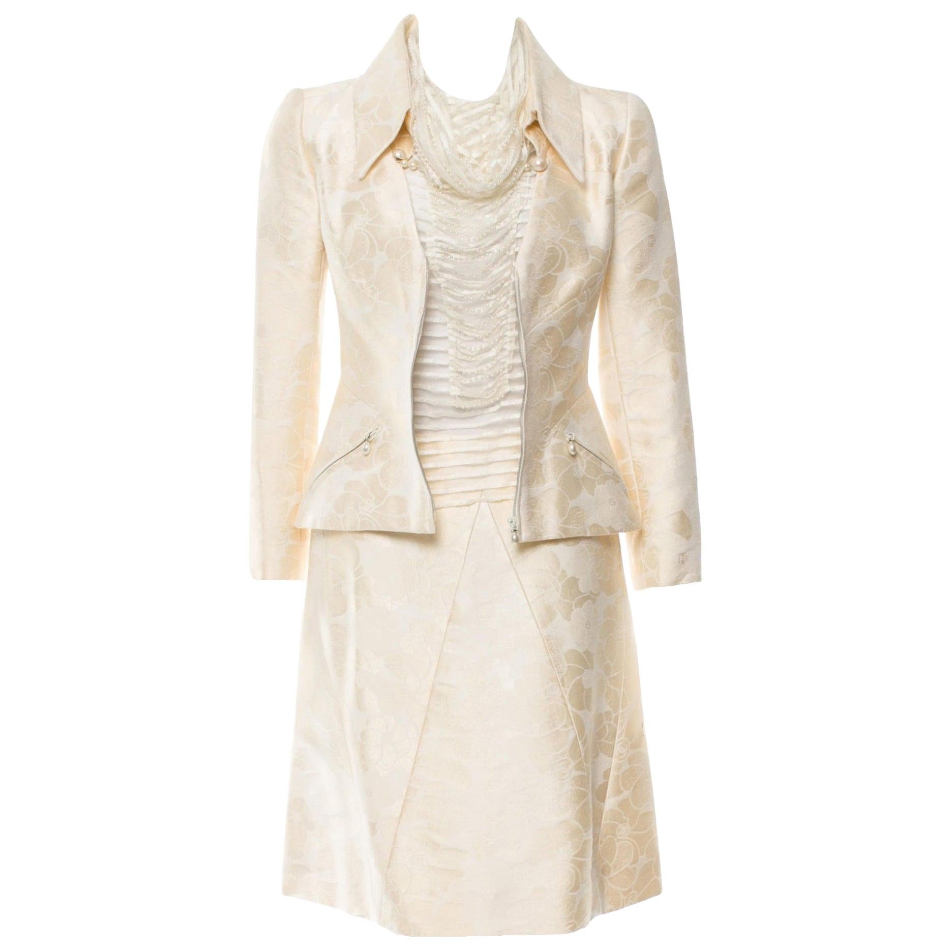 UNWORN Chanel Ivory Camellia Jacquard Pearl Jacket Blouse Skirt Suit Ensemble 34
