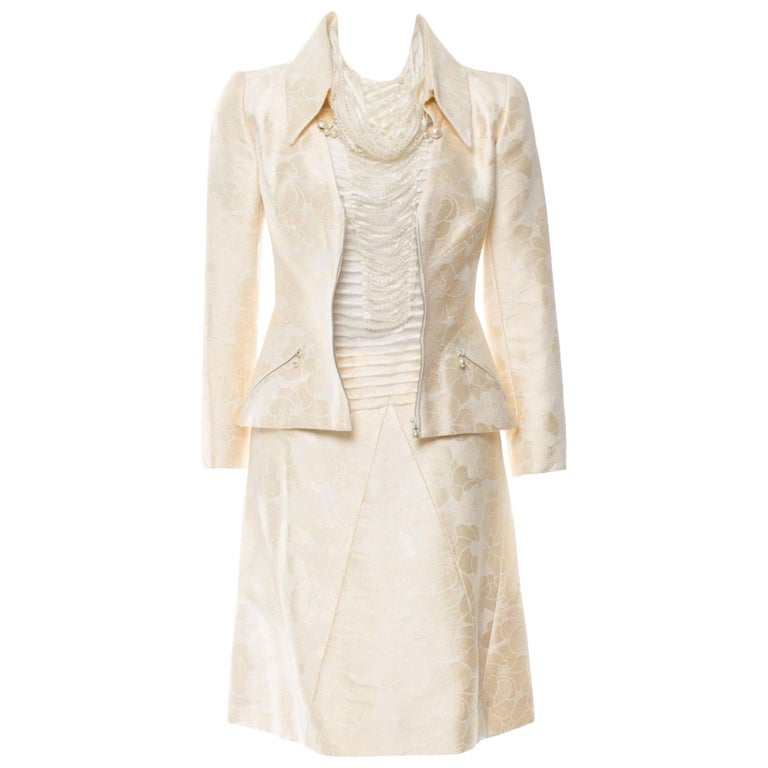 F/W 1988 Chanel Boutique Vintage Skirt Suit Boucle Wool Fringe Size 36
