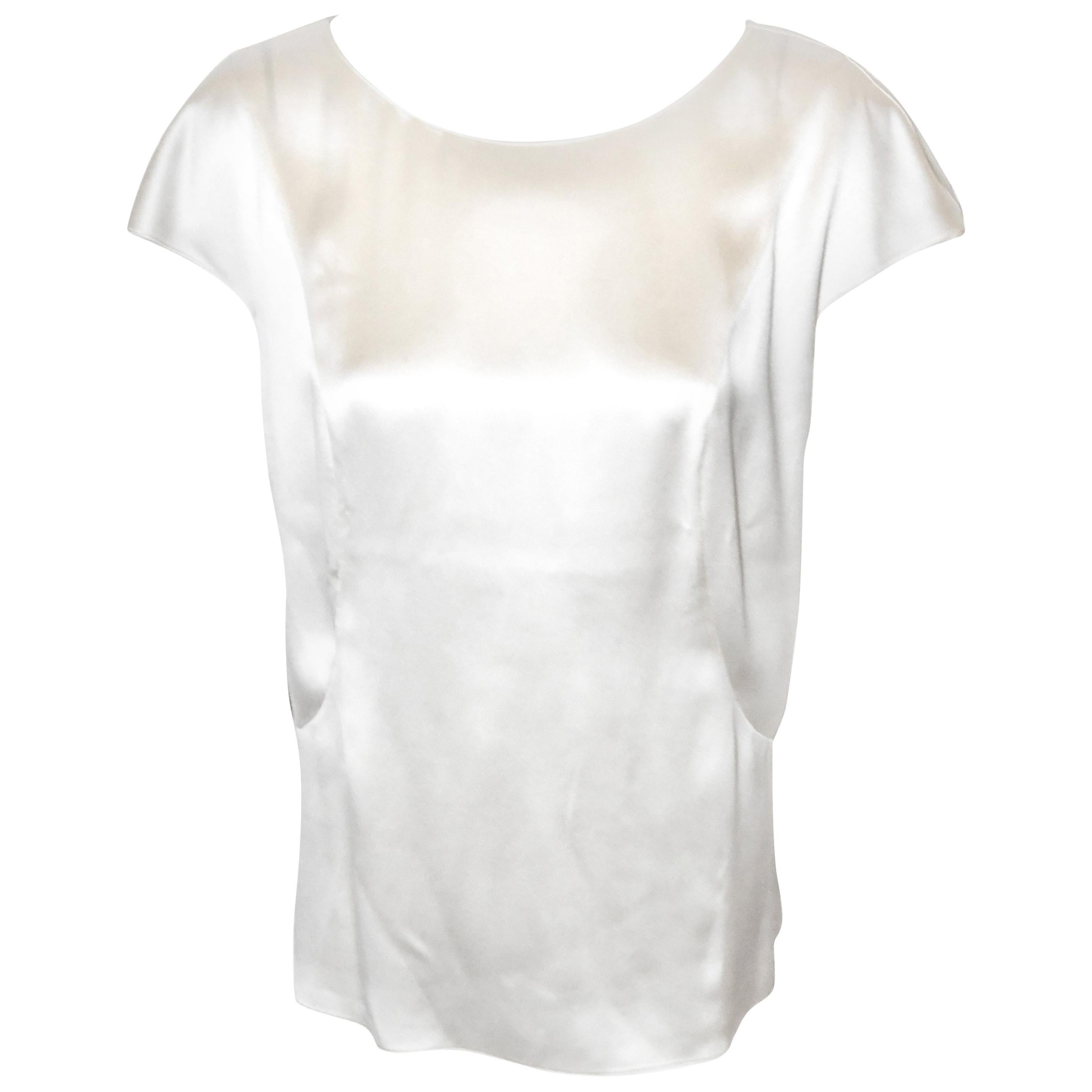 Chanel Ivory Silk Cap Sleeve  Top With Chanel Crystal Button at Back 50 For Sale