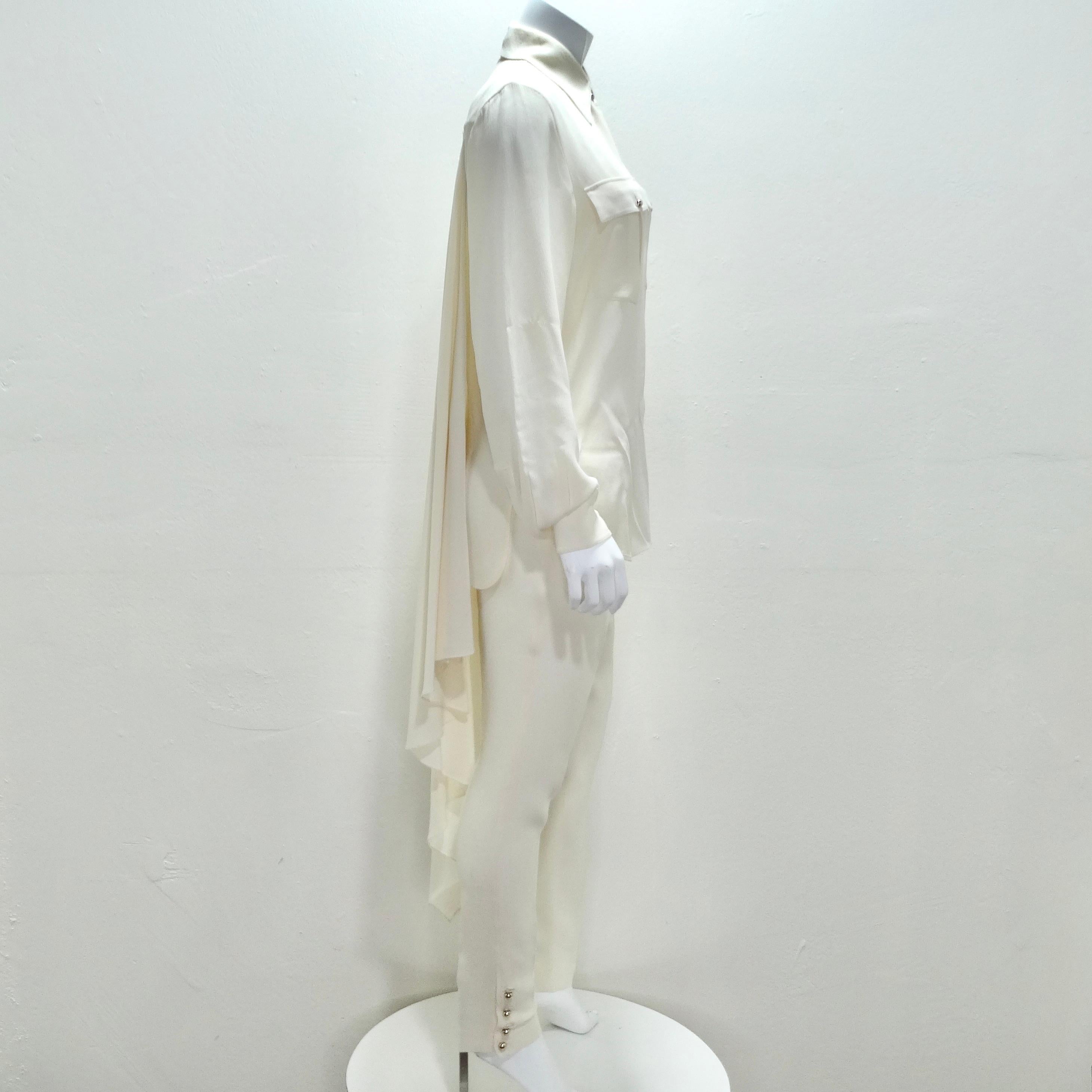 Chanel Ivory Silk High-Low Button Down & Trouser Set For Sale 1