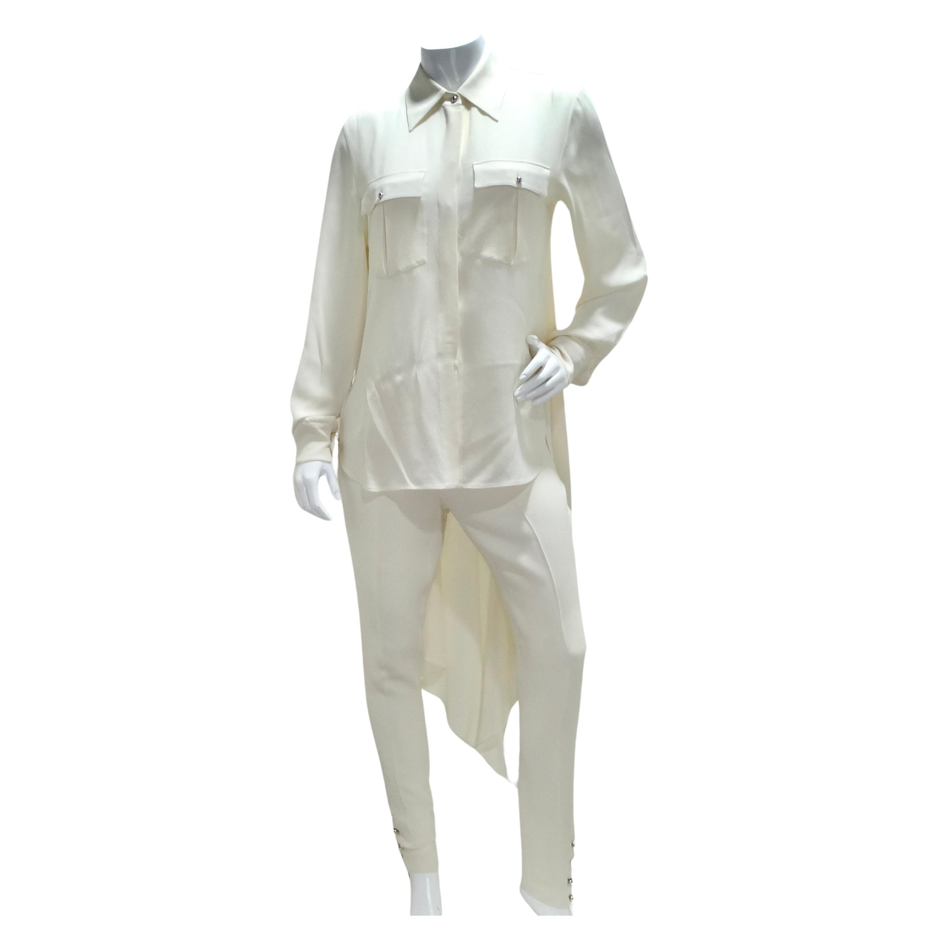 Chanel Ivory Silk High-Low Button Down & Trouser Set For Sale
