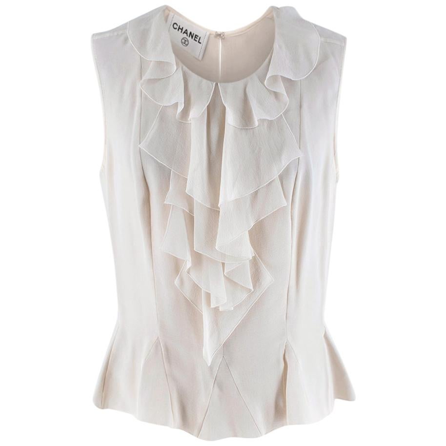Chanel Ivory Silk Ruffled Sleeveless Blouse - Size US 10 For Sale at 1stDibs
