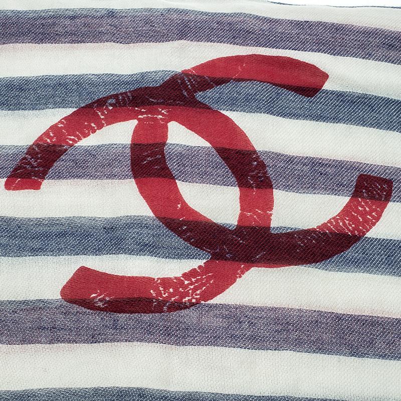 Gray Chanel Ivory Stripe Logo Detail Fringed Edge Stole