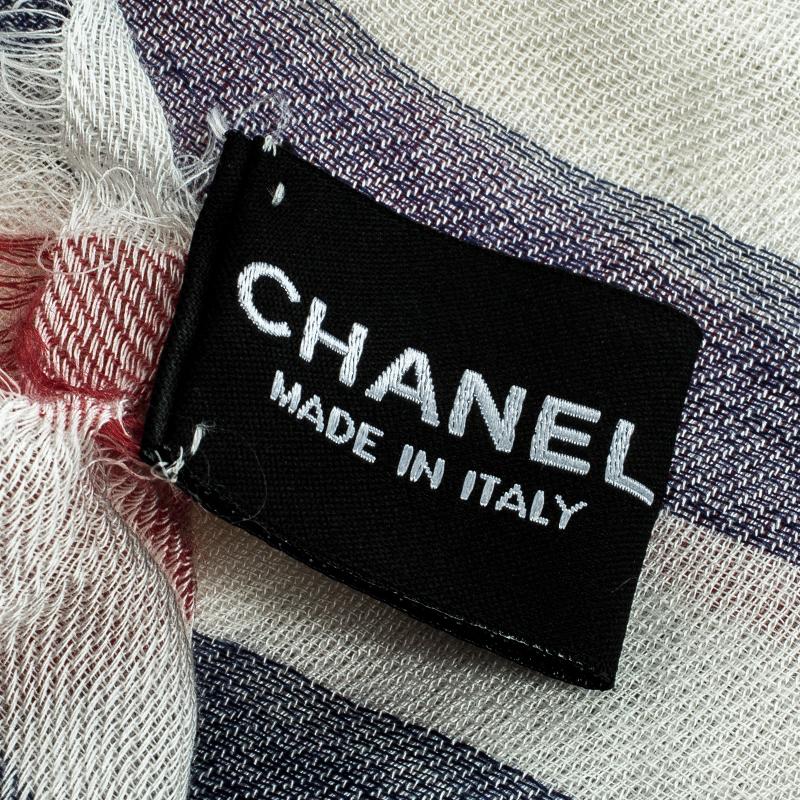Women's Chanel Ivory Stripe Logo Detail Fringed Edge Stole