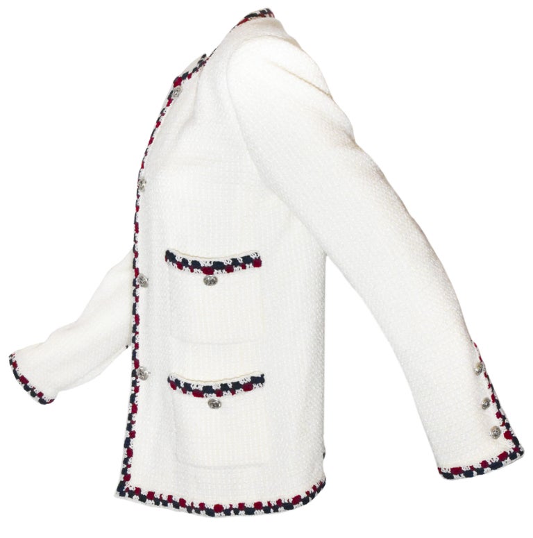 Chanel Ivory Tweed Jacket with Crochet Red and Blue Yarn Trim 46 EU at  1stDibs