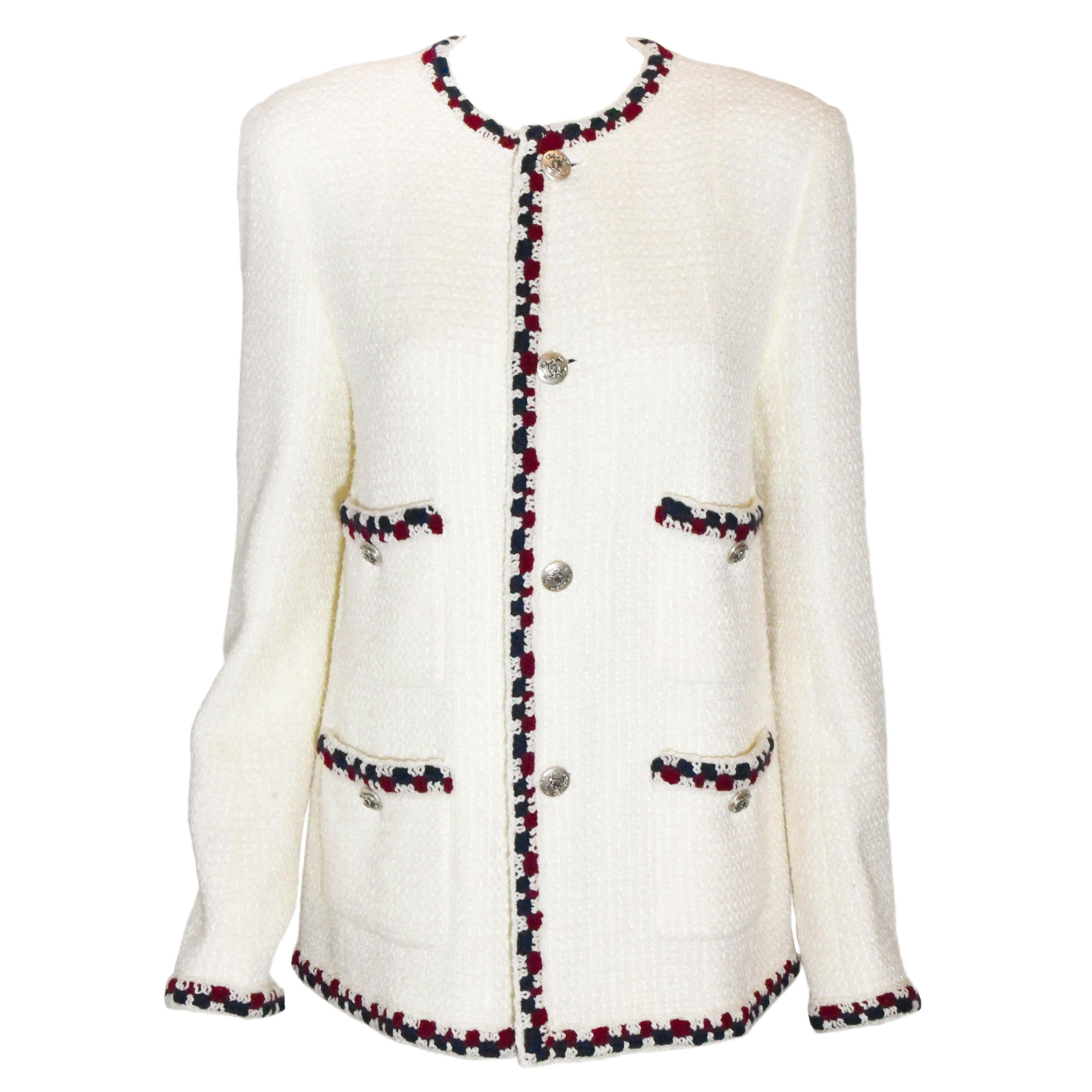 Chanel Ivory Tweed Jacket with Crochet Red and Blue Yarn Trim 46 EU
