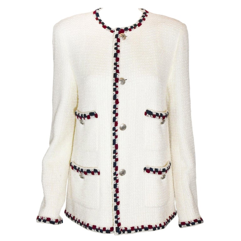 Chanel Ivory Tweed Jacket with Crochet Red and Blue Yarn Trim 46 EU at ...