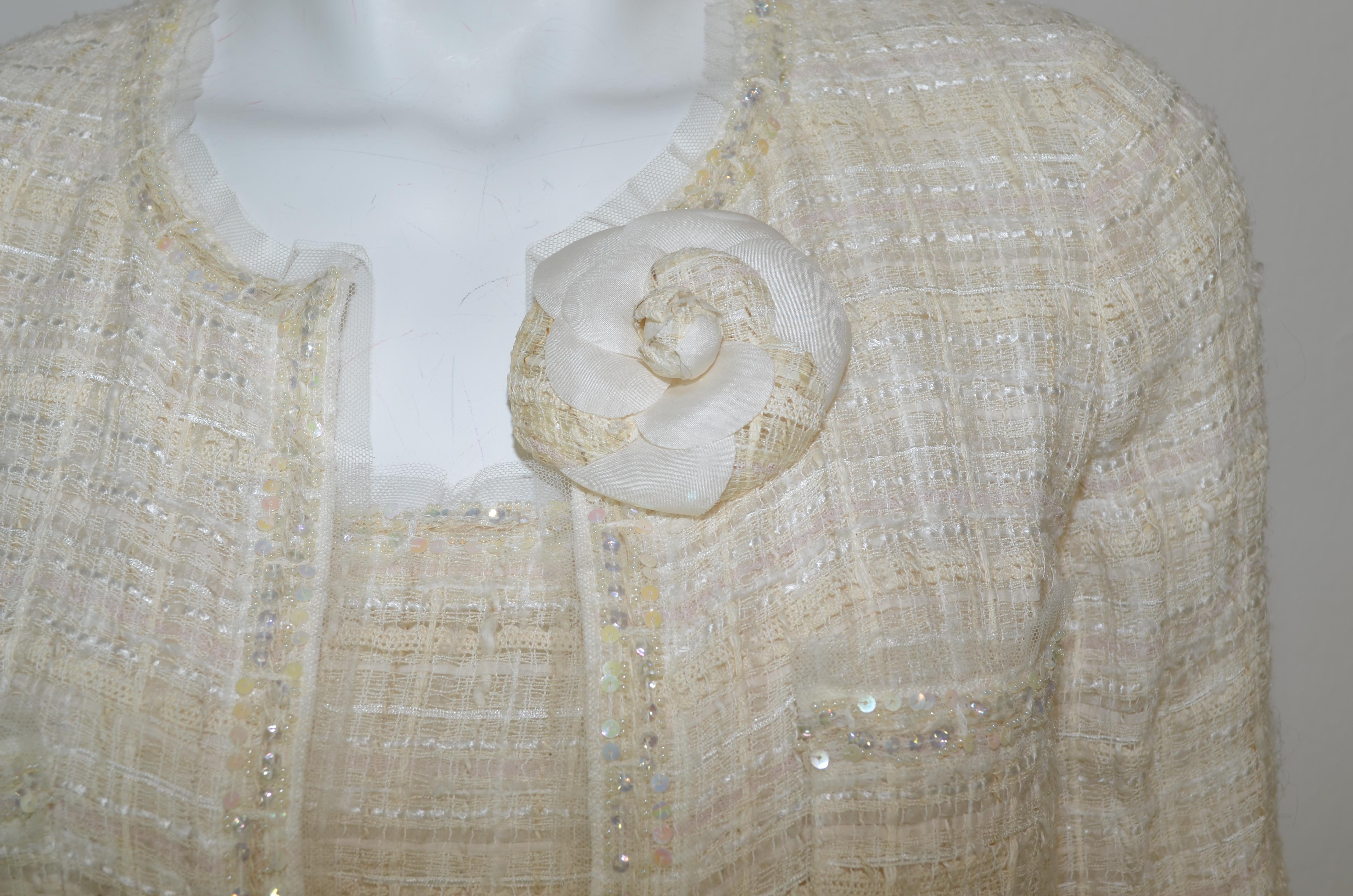 Chanel Ivory Tweed Knit Dress and Jacket Set with Camellia Brooch 7